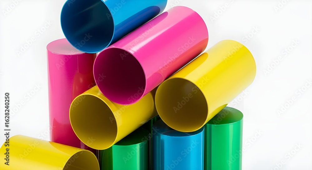 Poster 3d rendering of abstract stack of colorful plastic cylinders on a white background