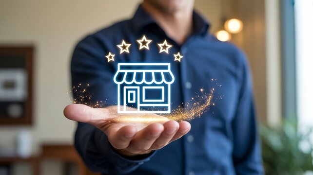 Customer service rating for a business storefront with stars and glowing particles