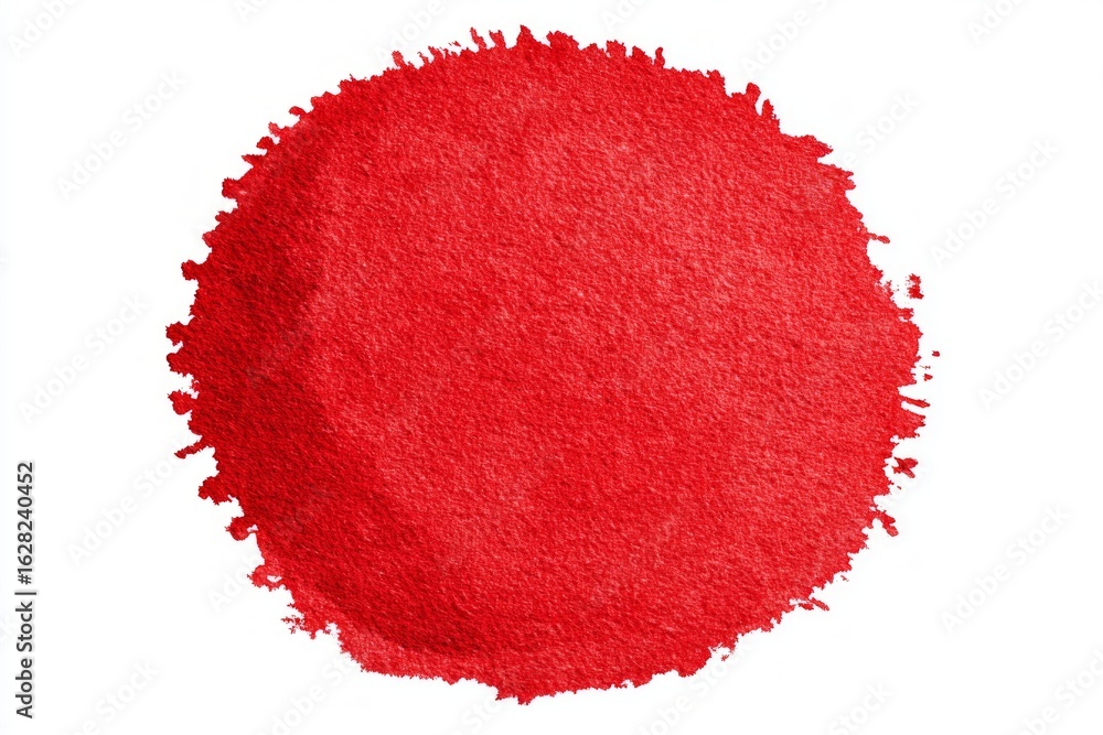 Poster vibrant red paint creates a textured circular shape, adding a bold splash of color against a clean w