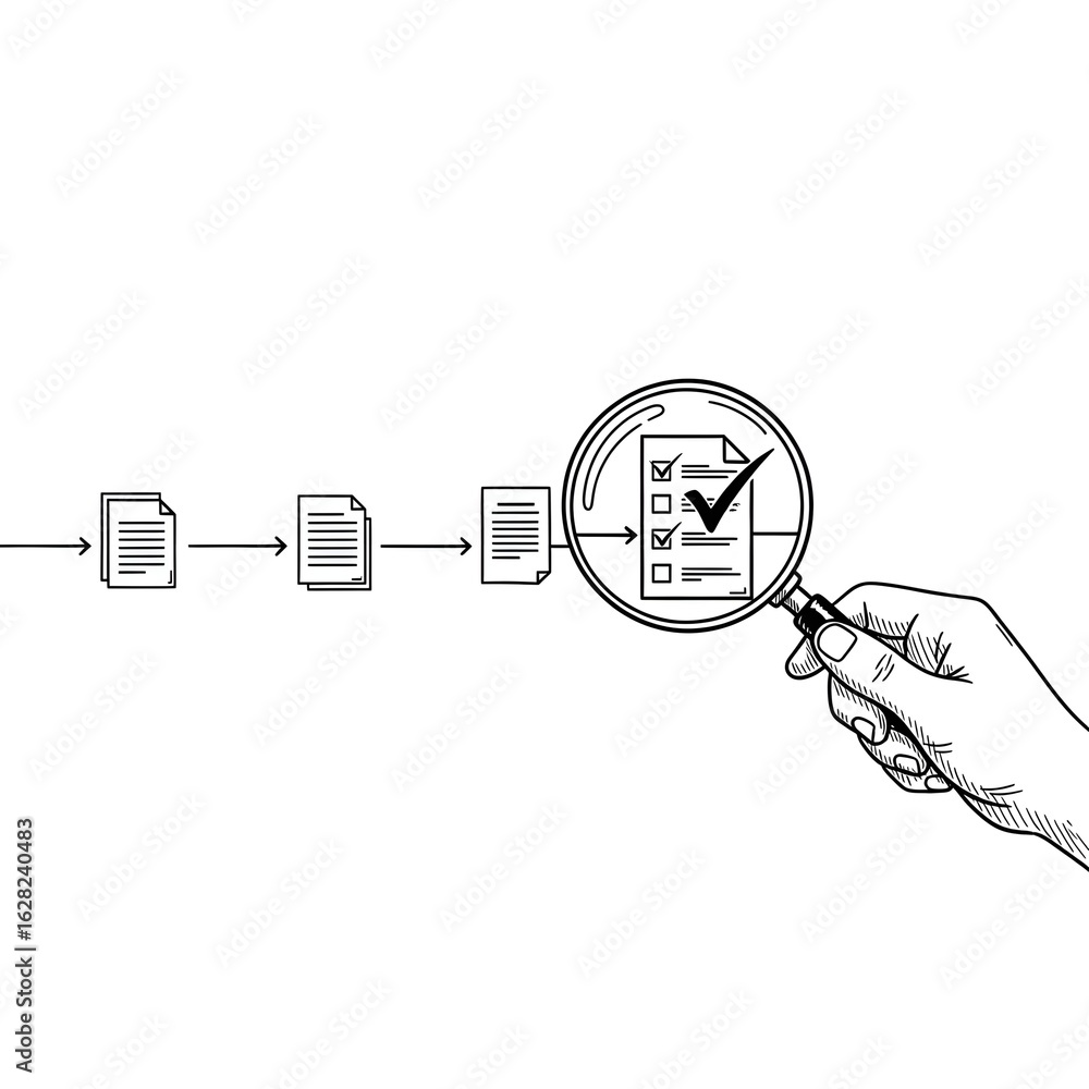Poster hand holding magnifying glass examining a checklist with a checkmark on a document