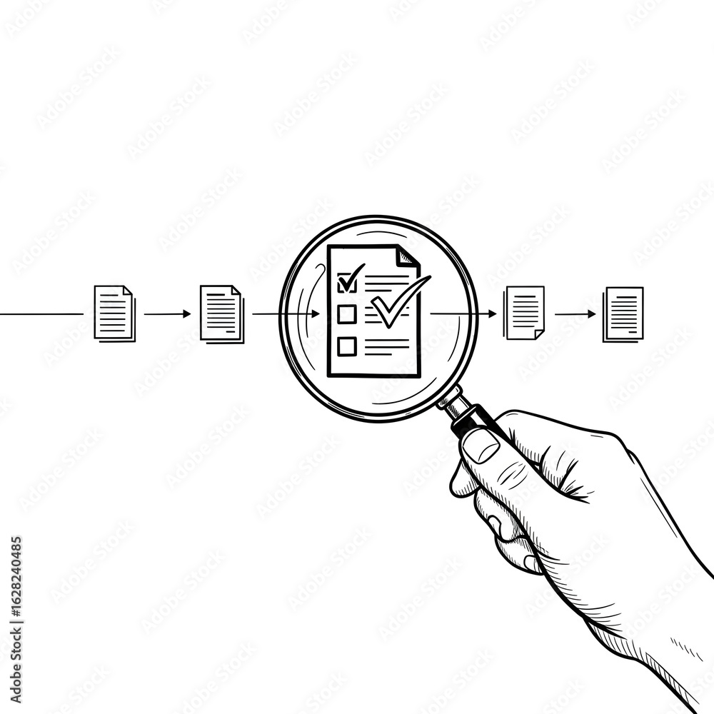 Poster magnifying glass inspecting a checklist document with progress markers in a conceptual diagram