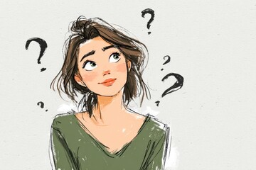 Thoughtful young woman pondering with question marks, representing curiosity, problem-solving, and decision-making