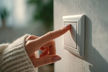 Woman turning on a light switch in a house, energy saving concept