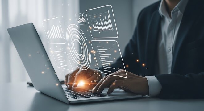 Business professional interacting with futuristic holographic data interface on laptop