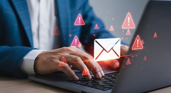 Businessperson typing on laptop with glowing email and alert icons