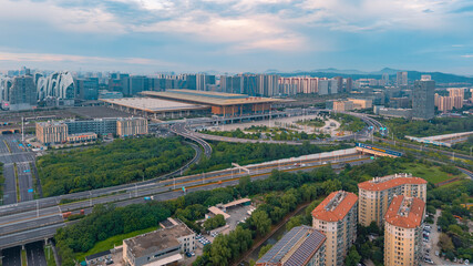 aerial view of Nanjing city during sunrise, China