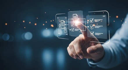 Hand interacting with futuristic digital interface showcasing data and icons