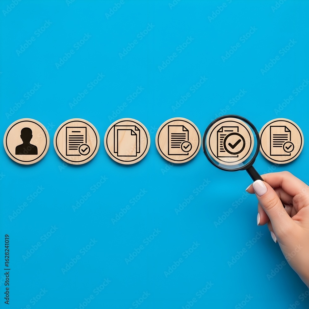 Poster magnifying glass examines icons representing documents and a person on a blue background symbolizing