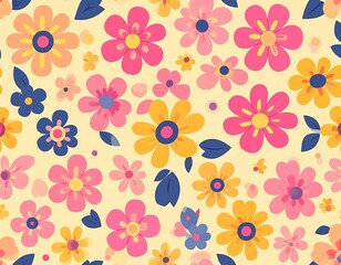 Retro Floral Pattern: Seamless vector design with pink, yellow and blue flowers for backgrounds