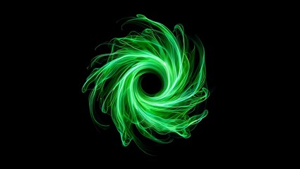 Abstract Green Energy Vortex:  Dynamic Swirling Light Trails on Black Background