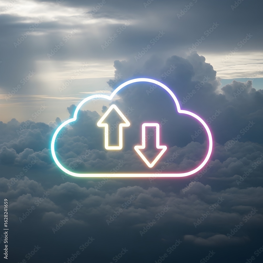 Poster neon cloud icon with upload and download arrows symbolizing digital data transfer and cloud computin