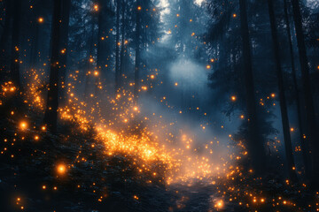 Fireflies glowing in the forest at night.
