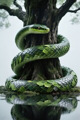 Majestic Green Snake Coiled Around Tree Trunk in Wetland Habitat with Reflection on Water Surface and Overcast Sky