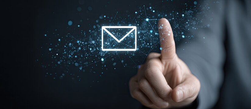 Email icon, a hand points to a glowing email symbol