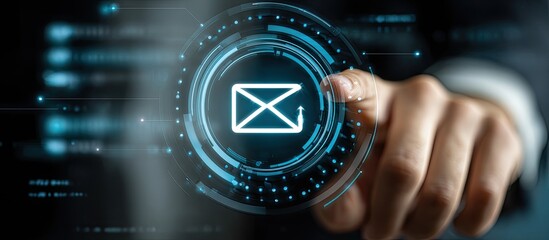 Hand interacting with a digital email icon on a futuristic interface