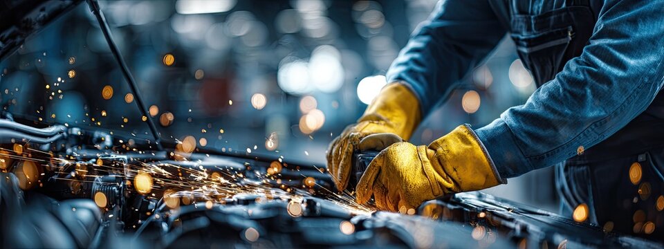 Close-up of a worker using a grinder on a metal part, sparks flying