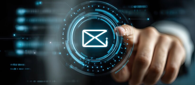Hand interacting with a digital email icon on a futuristic interface
