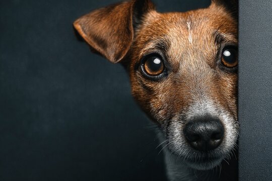 Adorable dog peeking around a corner with curiosity, captured in a professional studio setting