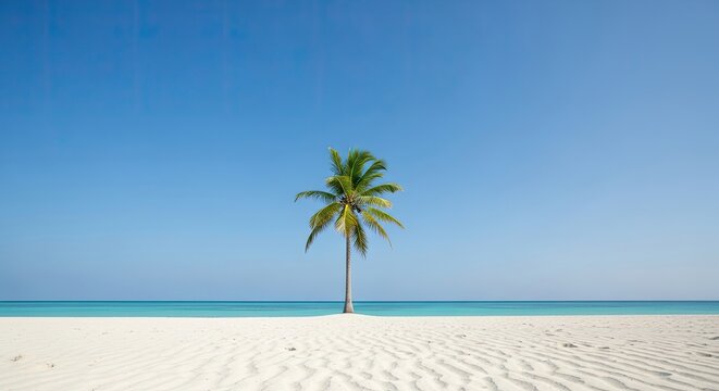 Minimalist tropical beach with one palm tree and crystal blue sky, copy space background for travel background