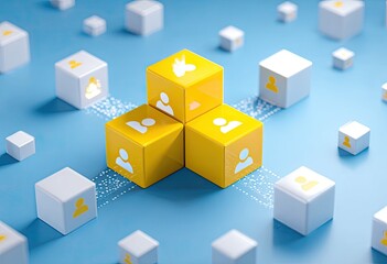 Network of interconnected user icons on cubes