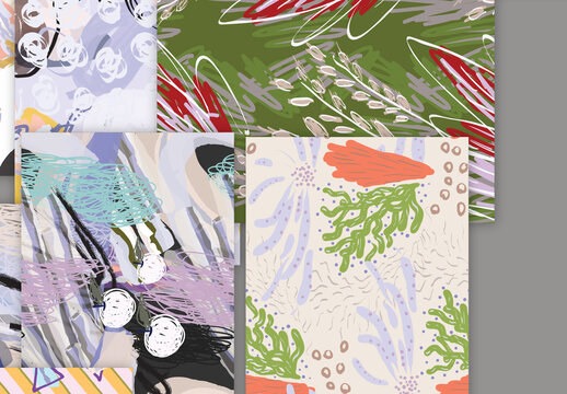 Seamless Pattern Collection with Hand Drawn Rough Abstract Strokes and Floral Elements