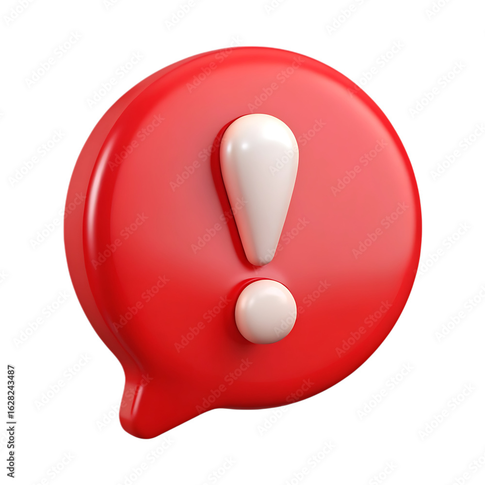 Poster red speech bubble with white exclamation mark chat icon message isolated on a transparent background