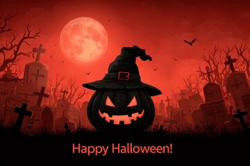 Spooky halloween pumpkin wearing witch hat in graveyard with red full moon and bats flying