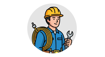 Cartoon illustration of a smiling electrician wearing a hard hat, holding a wrench, and with cables over his shoulder.