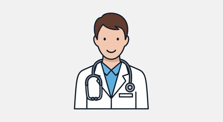 Fototapeta premium Illustration of a smiling male doctor wearing a white coat and stethoscope, against a light gray background.
