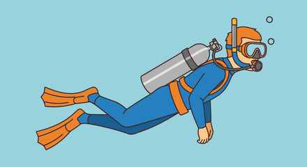An illustrated diver in a blue suit, swimming with scuba gear, bubbles rising.