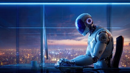 Futuristic humanoid robot working at a computer desk in a high-rise office overlooking the city at night, ideal for AI development, sci-fi storytelling and tech future visuals