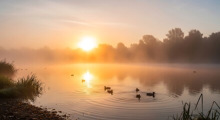 Naklejka premium Serene Sunrise Over Foggy Lake with Ducks Swimming in Golden Light