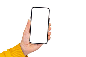 Phone display with Taxi icon on light background. Man holds a mockup smartphone in his hand close-up.