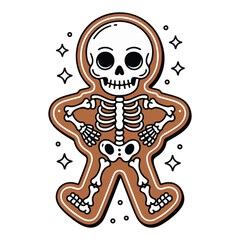 Gingerbread man skeleton with stars on a white background, Halloween colouring page