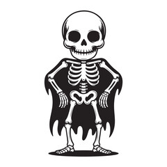 Cartoon skeleton with cape standing on a white background Halloween colouring page
