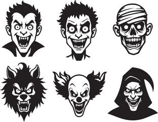 Scary Halloween character set featuring vampire, wolfman, clown and more