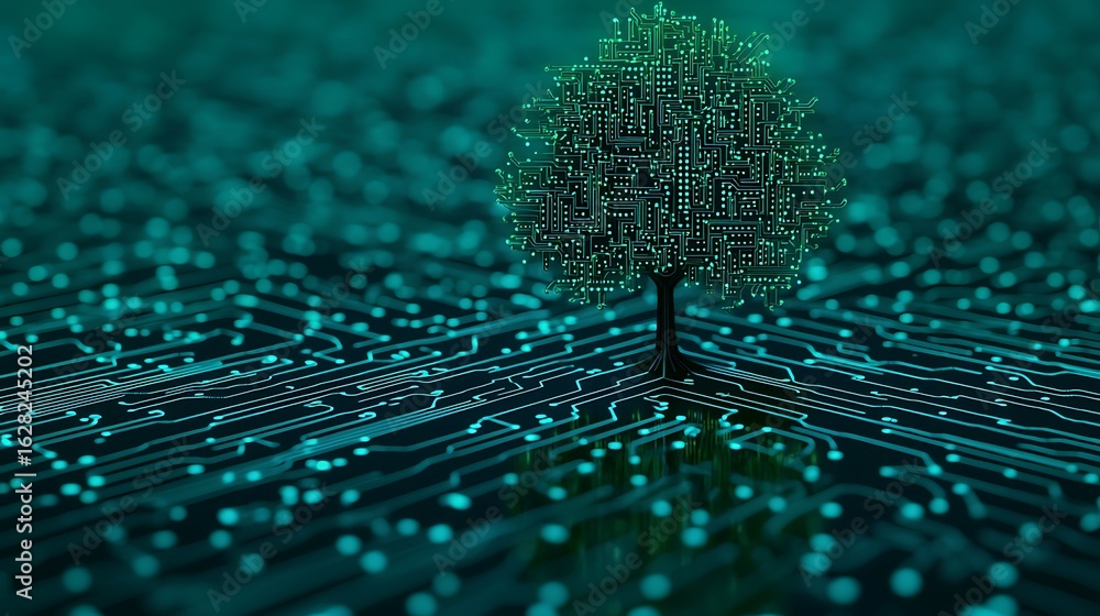 Poster a digital tree composed of circuit patterns stands out against a tech-inspired background, blending 
