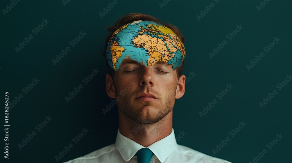 Poster a man in a suit has a globe mapped onto his forehead, symbolizing global thoughts and awareness whil