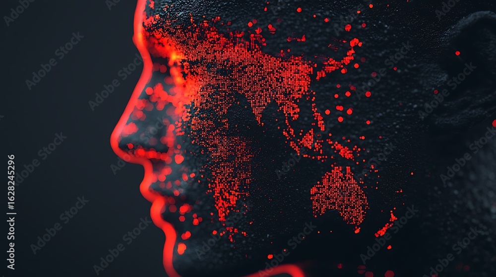 Poster a stylized portrait features a human face illuminated with a digital map design, using vibrant red d