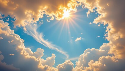 a swirling sky of sun drenched clouds, A soft, tracking shot perspective focuses low, leaving generous copy space above the ethereal scene, drenched in a warm, optimistic glow.