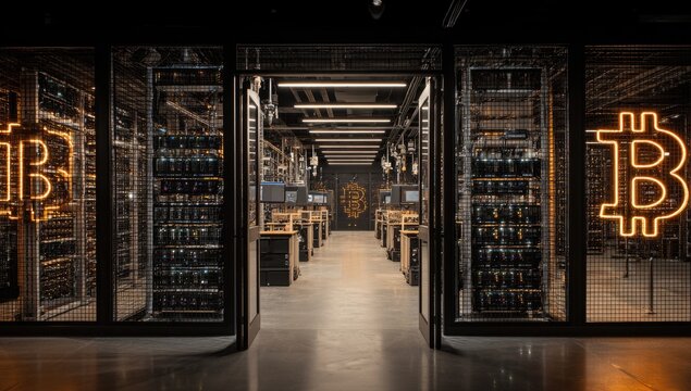 Dark, spacious server room with Bitcoin symbol