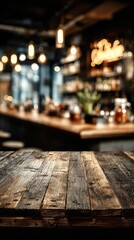 Wooden bar counter, blurred neon cocktail bar in the background mockup for product design and demonstration