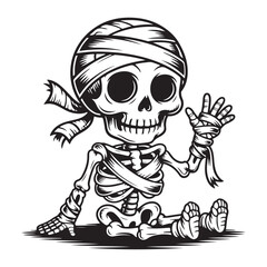Cartoon mummy skeleton waving sitting down illustration Halloween colouring page