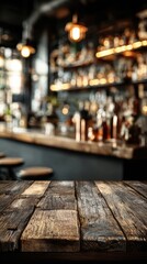 Wooden bar counter, blurred neon cocktail bar in the background mockup for product design and demonstration