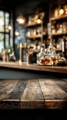 Wooden bar counter, blurred neon cocktail bar in the background mockup for product design and demonstration