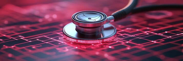 A stethoscope rests on a vivid red digital background, symbolizing the intersection of healthcare and technology.