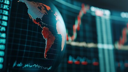 A close-up view of a globe with a digital graph overlay, representing global data analysis and financial trends.