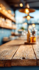 Wooden bar counter, blurred neon cocktail bar in the background mockup for product design and demonstration