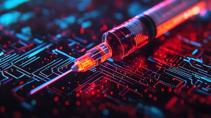 A vibrant, futuristic syringe rests on a digital circuit background, blending themes of technology and healthcare.