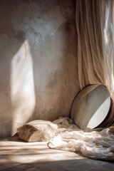 A white curtain hangs in front of a wall